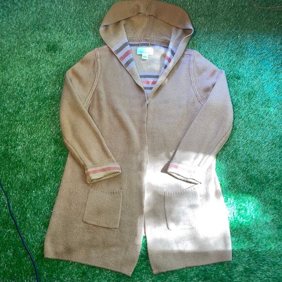 Tan Hooded Sweater Cardigan Coat Jacket Snap Front Stripes - Picture 4 of 4